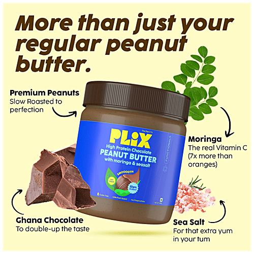Plix High Protein Chocolate Peanut Butter - With Moringa & Seasalt, Smooth, Gluten-Free, Plant-Based, 340 g  