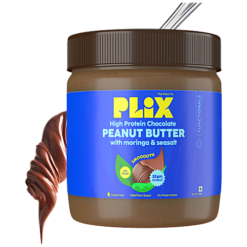 Plix High Protein Chocolate Peanut Butter - With Moringa & Seasalt, Smooth, Gluten-Free, Plant-Based, 340 g  