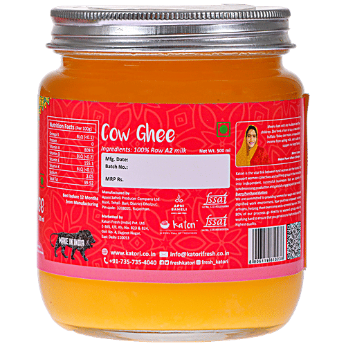 Katori A2 Cow Ghee - Traditional Hand Churned Bilona Method, A2 Milk Source, Pesticide & Hormone Free, 500 ml Glass Bottle