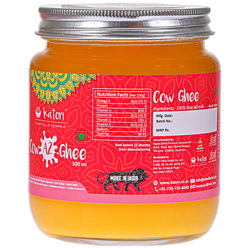 Katori A2 Cow Ghee - Traditional Hand Churned Bilona Method, A2 Milk Source, Pesticide & Hormone Free, 500 ml Glass Bottle