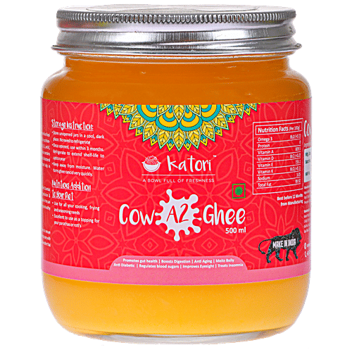 Katori A2 Cow Ghee - Traditional Hand Churned Bilona Method, A2 Milk Source, Pesticide & Hormone Free, 500 ml Glass Bottle