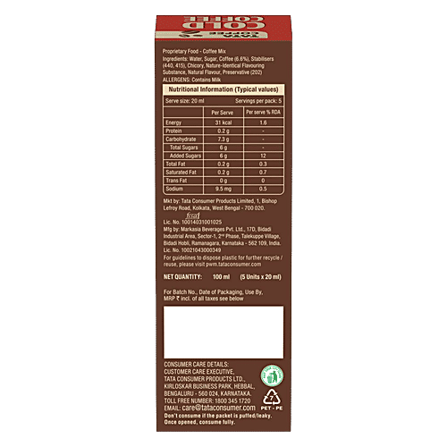 Tata Coffee Cold Coffee Liquid Concentrate - Classic, Rich & Creamy, Cafe Style, Easy To Make, 100 ml (5 Sachets x 20 ml Each) 