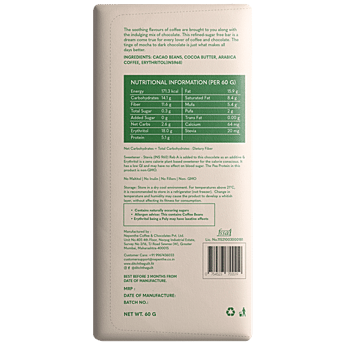 Ditch The Guilt 60% Cacao Arabica Coffee Sugar Free Dark Chocolate - Vegan, Rich In Antioxidants, 60 g