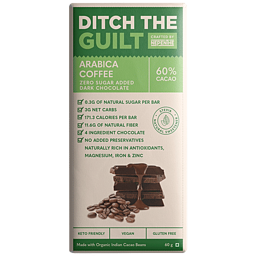 Ditch The Guilt 60% Cacao Arabica Coffee Sugar Free Dark Chocolate - Vegan, Rich In Antioxidants, 60 g