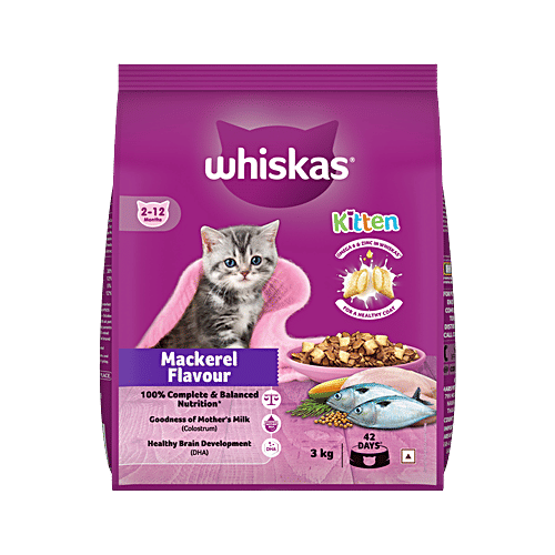 Whiskas Junior Mother Cat & Kitten 2-12 Months - Dry Cat Food, Mackerel Fish Flavour, 3 kg  Complete & Balanced Nutrition, Goodness Of Mother'S Milk, Healthy Brain Development