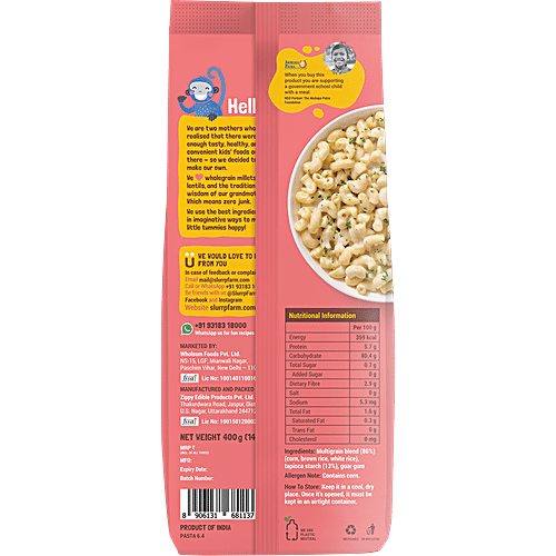 Slurrp Farm Macaroni Pasta -  Vegan, No Maida, Gluten Free & Multigrain, Healthy, Fibre Rich, 400 g Pouch 