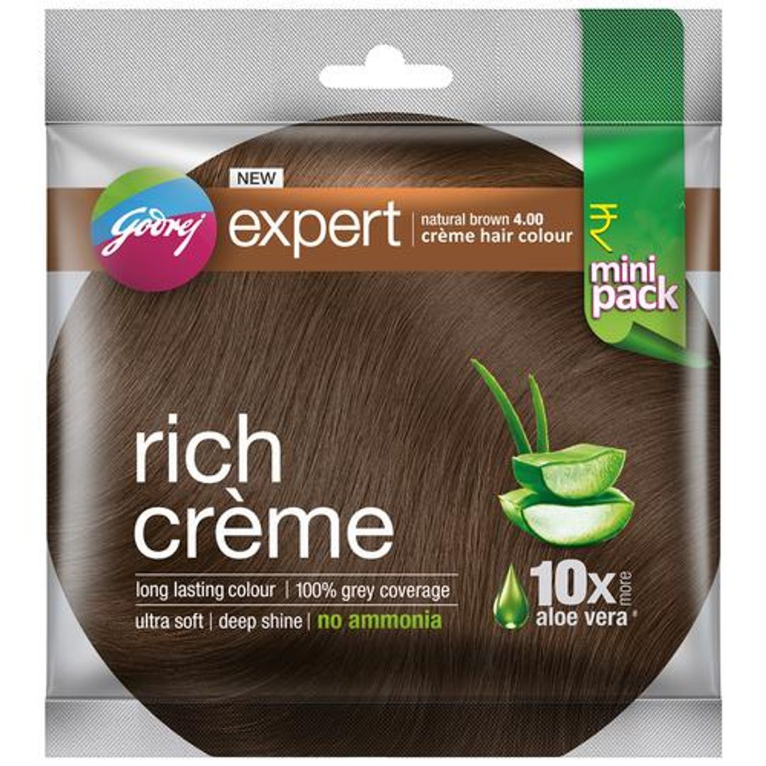 Godrej Expert Rich Creme Hair Colour - Natural Brown, Long-Lasting, 100% Grey Coverage, No Ammonia, 24 ml Sachet