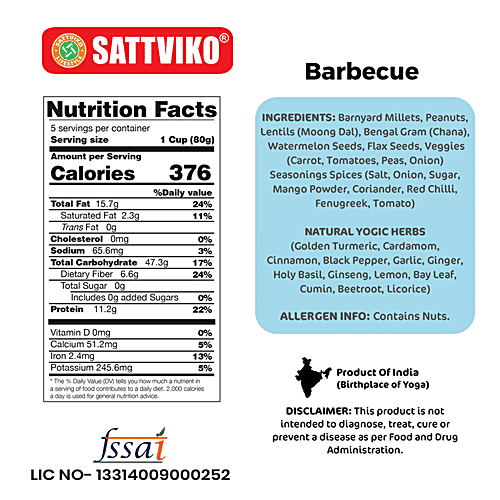 Sattviko Strength Food Yoga Meal - Barbeque Flavour, Millets, Instant Food, High Protein & Fiber, 400 g  