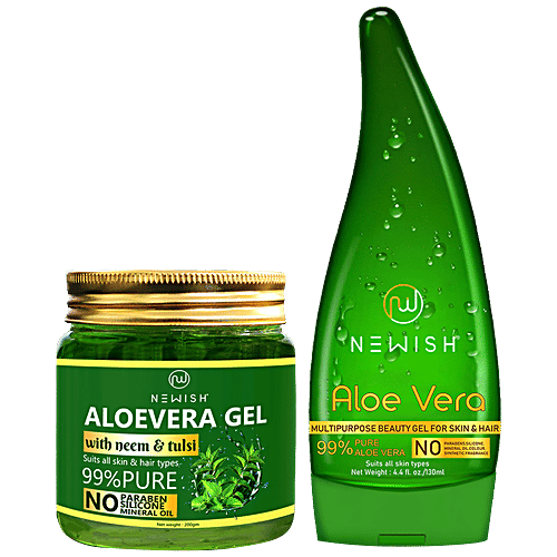 Newish Aloe Vera Gel - For Acne, Scars, Glowing & Radiant Skin Treatment, Organic Non-Toxic, 2 pcs (200 g + 130 ml) 