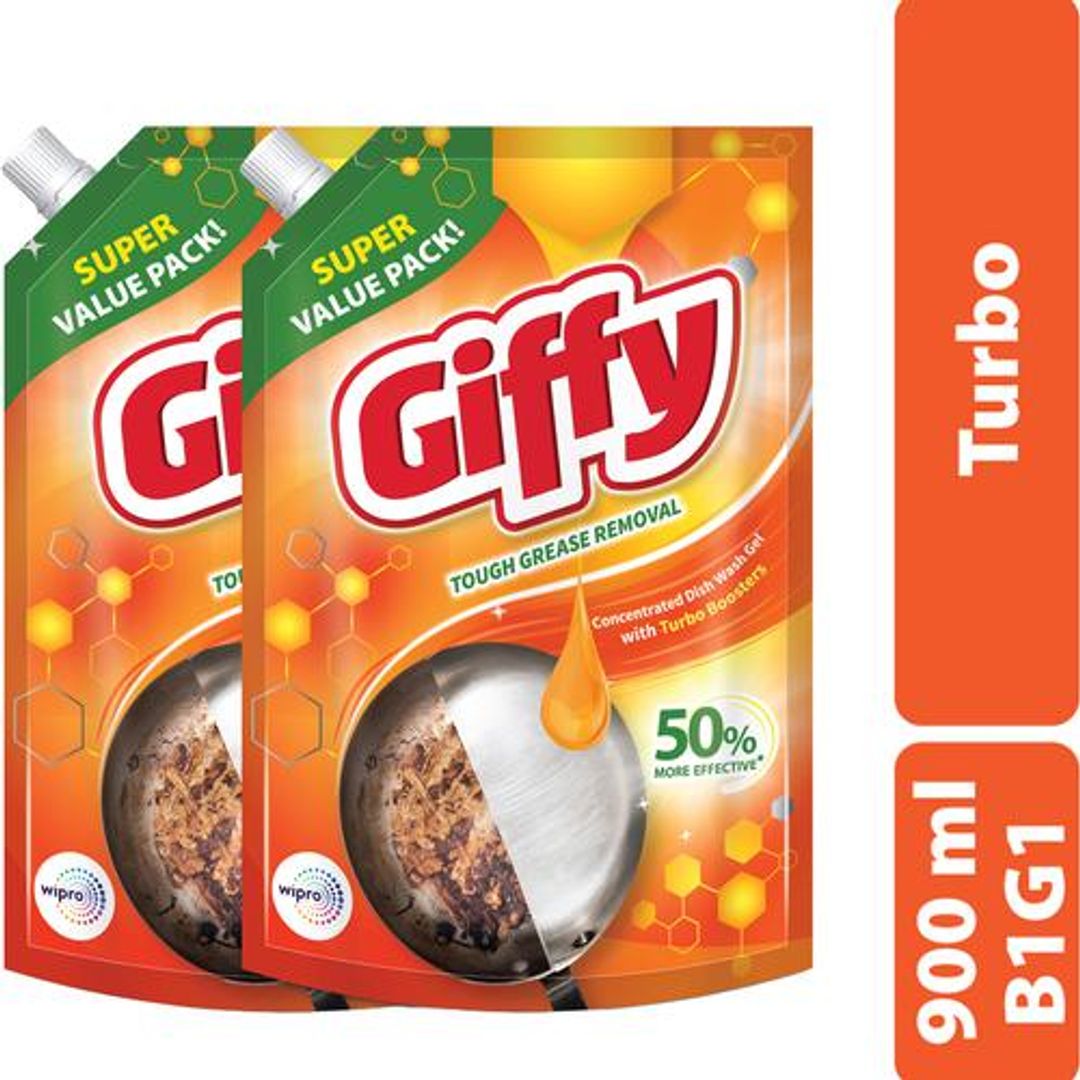 Giffy Concentrated Dish Wash Gel - With Turbo Boosters, 900 ml (Buy 1 Get 1 Free)
