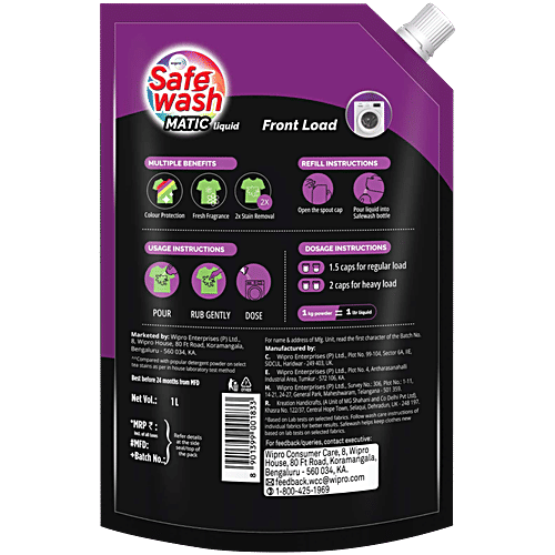 Safewash Front Load Matic Liquid Detergent - 2X Stain Removal, 1 L Pouch 2X Stain Removal
Colour Protection
Fresh Fragrance