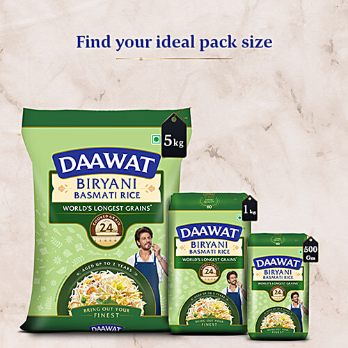 Daawat Biryani Basmati Rice, 500 g  World’s Longest Rice Grain, Expands upto 24mm