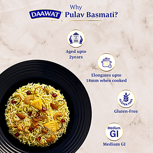Daawat Pulav Basmati Rice, 500 g Pearly Slender Grains, Cooked up to 18mm, Zero Cholesterol & Zero Trans Fat
