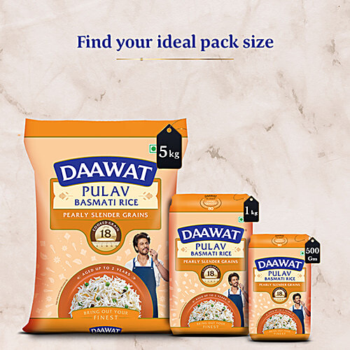 Daawat Pulav Basmati Rice, 500 g Pearly Slender Grains, Cooked up to 18mm, Zero Cholesterol & Zero Trans Fat