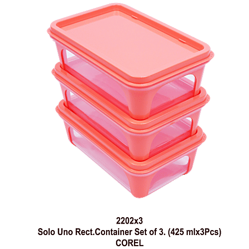 Unica Solo Uno Rectangular Containers - Airtight Storage,For Kitchen Use, Coral Red, 425 ml (Set of 3) 