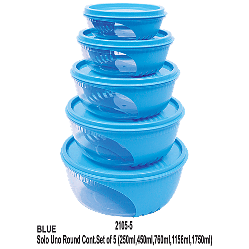 Unica Solo Uno Storage Containers - Round, Premium Quality, Stackable, Blue, 5 pcs (250ml + 450ml + 760ml + 1156ml + 1750ml) 