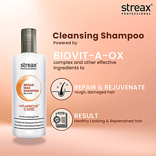 Streax Professional Vitariche Care Repair Max Shampoo - With Hydrolyzed Flax Protein, For Dry To Damaged Hair, 300 ml