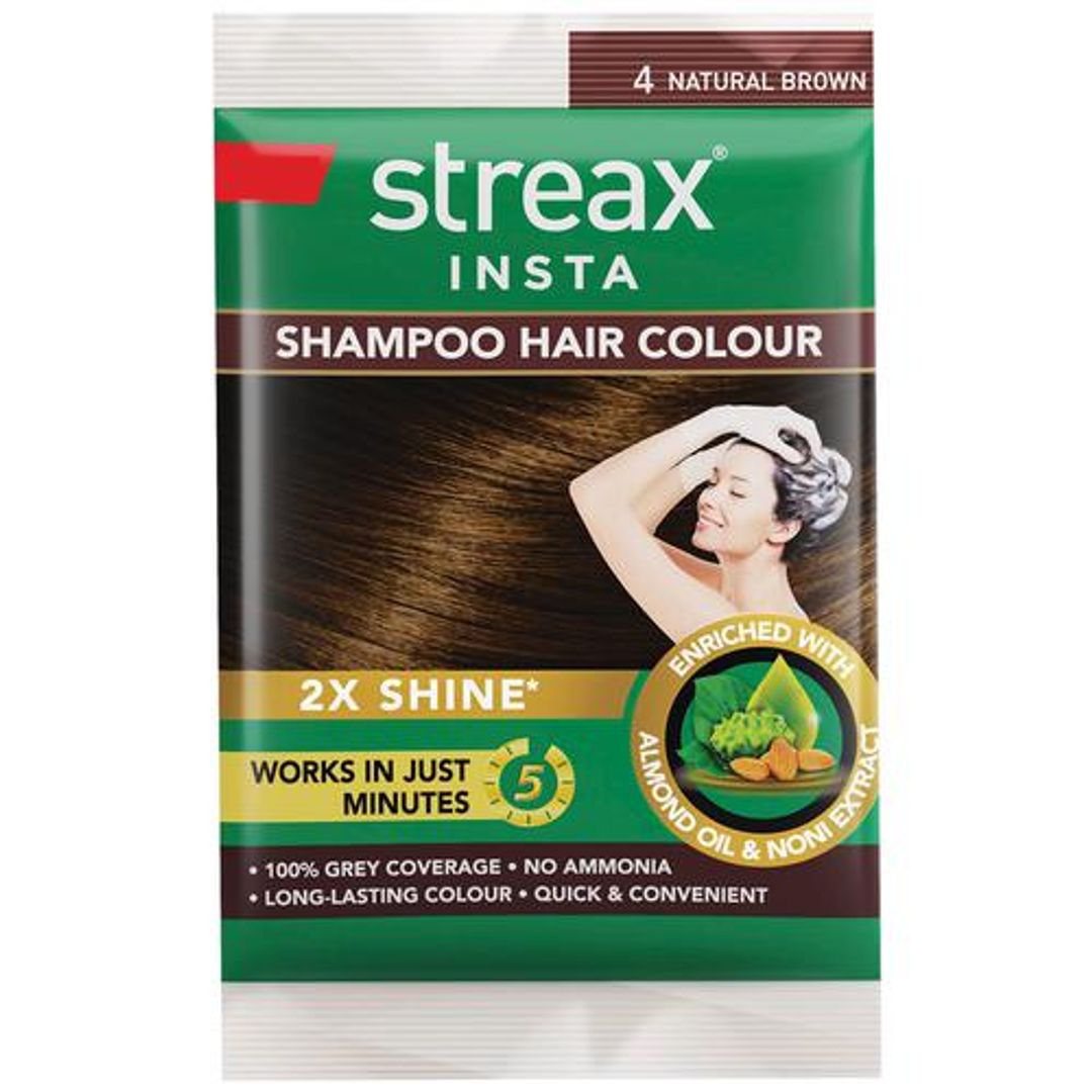 Streax Insta Shampoo Hair Colour - Almond Oil & Noni Extract, 100% Grey Coverage, No Ammonia, 18 ml Natural Brown