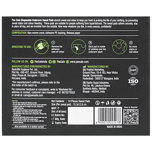 Pee Safe Disposable Underarm Sweat Pads - Straight, 14 pcs