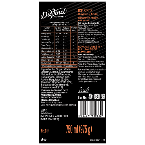 DaVinci Gourmet Ice Spice Flavoured Syrup - Concoction Of Tamarind, Roasted Cumin Flavour, Lemon Flavour, 750 ml  