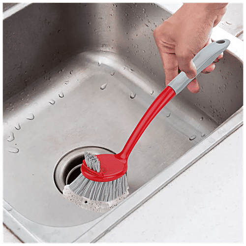 Liao Sink Brush - Double Sided, Cleans Tough Stains, Soft Grip Handle, Red, 1 pc  
