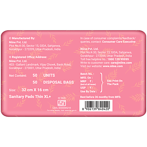 Niine Naturally Soft Ultra Thin Sanitary Pads - XL+, 50 pcs Controls Rashes, Long-Lasting Protection, Prevents Odour, Keeps You Dry