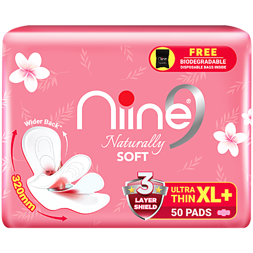 Niine Naturally Soft Ultra Thin Sanitary Pads - XL+, 50 pcs Controls Rashes, Long-Lasting Protection, Prevents Odour, Keeps You Dry