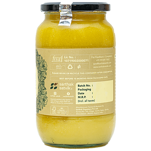 Sarthak Satvik A2 Cow's Ghee - Free Grazing Desi Cows, Helps Bone Strength & Improves Stamina, 1 L