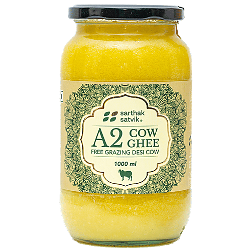 Sarthak Satvik A2 Cow's Ghee - Free Grazing Desi Cows, Helps Bone Strength & Improves Stamina, 1 L