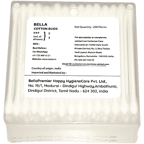 Bella Cotton Buds - With Paper Stick, Aloe Vera Extract, Highly Absorbent, For Sensitive Skin, 200 pcs Box 