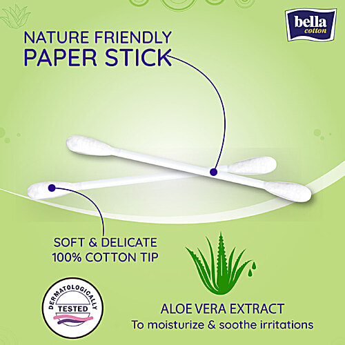 Bella Cotton Buds - With Paper Stick, Aloe Vera Extract, Highly Absorbent, For Sensitive Skin, 200 pcs Box 