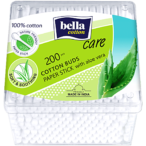 Bella Cotton Buds - With Paper Stick, Aloe Vera Extract, Highly Absorbent, For Sensitive Skin, 200 pcs Box 