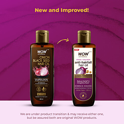 Wow Skin Science Onion Black Seed Hair Oil - For Silkier & Strong Hair, Non-Sticky, Non-Greasy, No Mineral Oil, No Silicones, 200 ml  