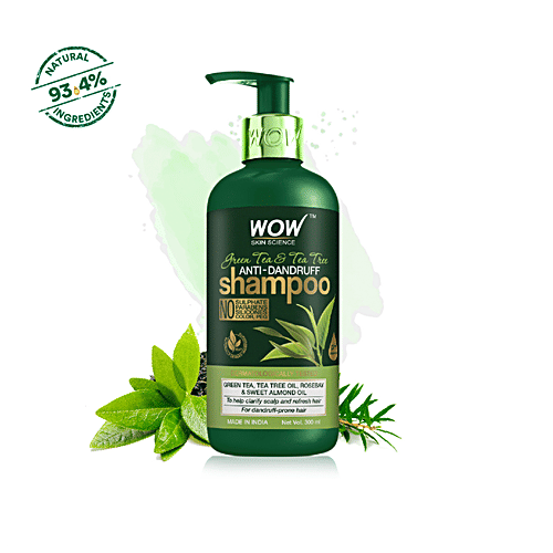 Wow Skin Science Green Tea & Tea Tree Shampoo - Clarify Scalp, Restore Hair Strength, For Dandruff-Prone Hair, 300 ml  