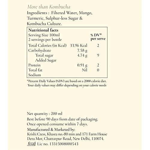 Krishi Cress Kombucha Mango Turmeric, 200 ml Bottle 