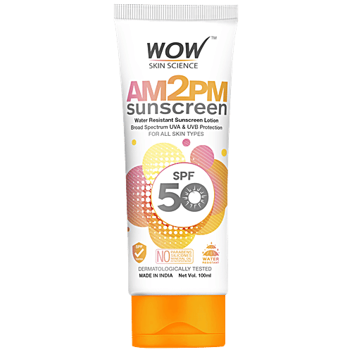 Wow Skin Science AM2PM Sunscreen Lotion - SPF 50, Water-Resistant, For All Skin Types, No Parabens, 100 ml Tube