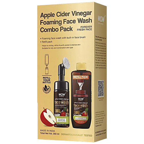 Wow Skin Science Apple Cider Vinegar Foaming Face Wash Combo Pack- With Built-In Brush & Refill Pack, 350 ml  