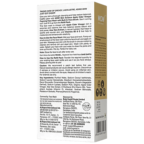 Wow Skin Science Apple Cider Vinegar Foaming Face Wash Combo Pack- With Built-In Brush & Refill Pack, 350 ml  