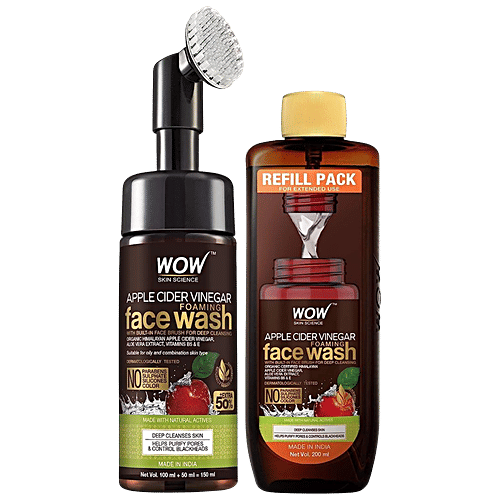 Wow Skin Science Apple Cider Vinegar Foaming Face Wash Combo Pack- With Built-In Brush & Refill Pack, 350 ml  