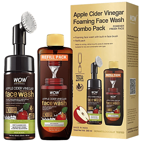 Wow Skin Science Apple Cider Vinegar Foaming Face Wash Combo Pack- With Built-In Brush & Refill Pack, 350 ml  