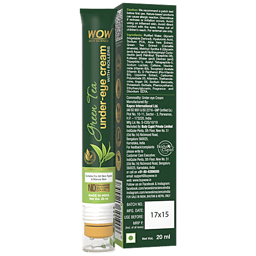 Wow Skin Science Green Tea Under Eye Cream With Rollers - For All Skin Types, No Parabens, 20 ml  