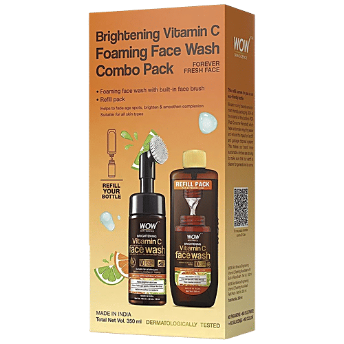 Wow Skin Science Vitamin C Foaming Face Wash Combo Pack- With Built-In Brush & Refill Pack, No Parabens, 350 ml  