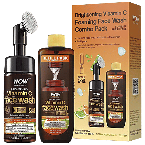 Wow Skin Science Vitamin C Foaming Face Wash Combo Pack- With Built-In Brush & Refill Pack, No Parabens, 350 ml  
