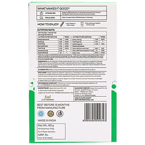 O'ZIVA Vitamin B12 Fizzy Drink Mix - RDA of single Vitamin B12 With Natural Folic Acid From Lemon Peel For Better Haemoglobin Levels & Anaemia Prevention, 60 g (15 Sachet x 4 g each) 