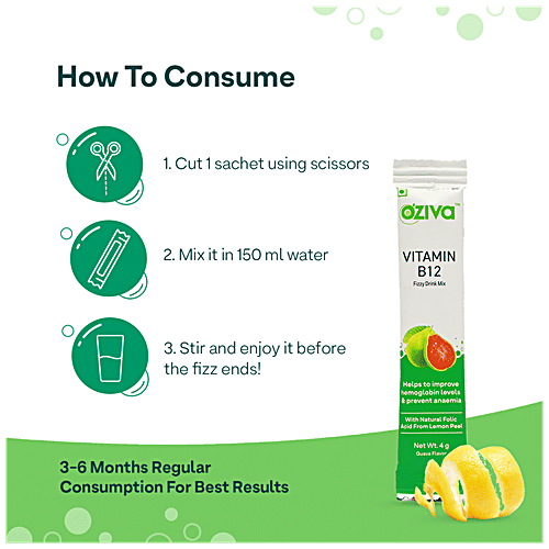O'ZIVA Vitamin B12 Fizzy Drink Mix - RDA of single Vitamin B12 With Natural Folic Acid From Lemon Peel For Better Haemoglobin Levels & Anaemia Prevention, 60 g (15 Sachet x 4 g each) 