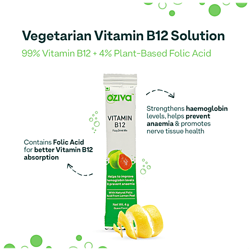 O'ZIVA Vitamin B12 Fizzy Drink Mix - RDA of single Vitamin B12 With Natural Folic Acid From Lemon Peel For Better Haemoglobin Levels & Anaemia Prevention, 60 g (15 Sachet x 4 g each) 