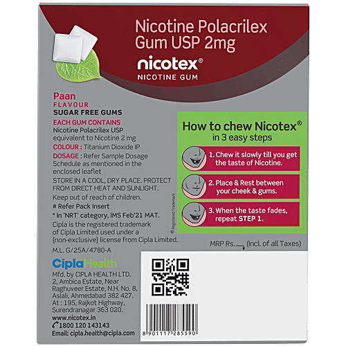 Nicotex Nicotine Chewing Gum - Paan Flavour, Sugar Free, Helps Quit Smoking, 2 mg, 12 pcs *Helps Quit Smoking
*Sugar Free