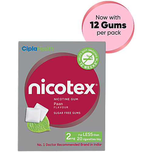 Nicotex Nicotine Chewing Gum - Paan Flavour, Sugar Free, Helps Quit Smoking, 2 mg, 12 pcs *Helps Quit Smoking
*Sugar Free