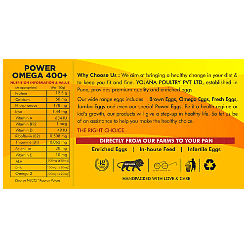 Yojana Poultry Omega 400+ Eggs - Enriched With Omega 3 Fatty Acids, Organic Selenium & Vitamin E, 6 pcs Carton 
