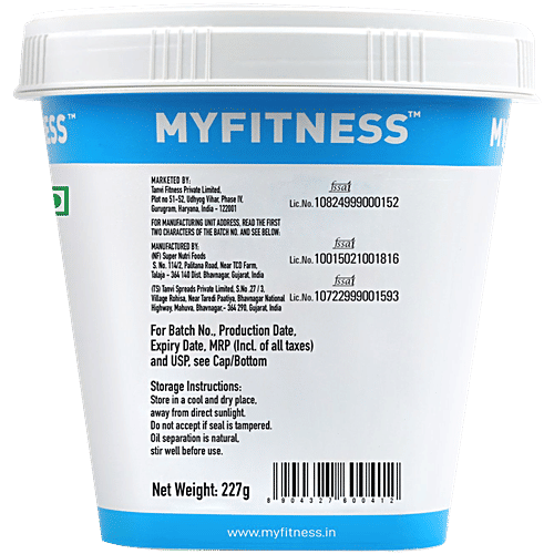 Myfitness Peanut Butter - Original, Smooth, Rich In Taste, Flavour, Creamy Texture, 227 g Tub Premium Roasted Peanuts
 High in Protein
 No Oil Separation